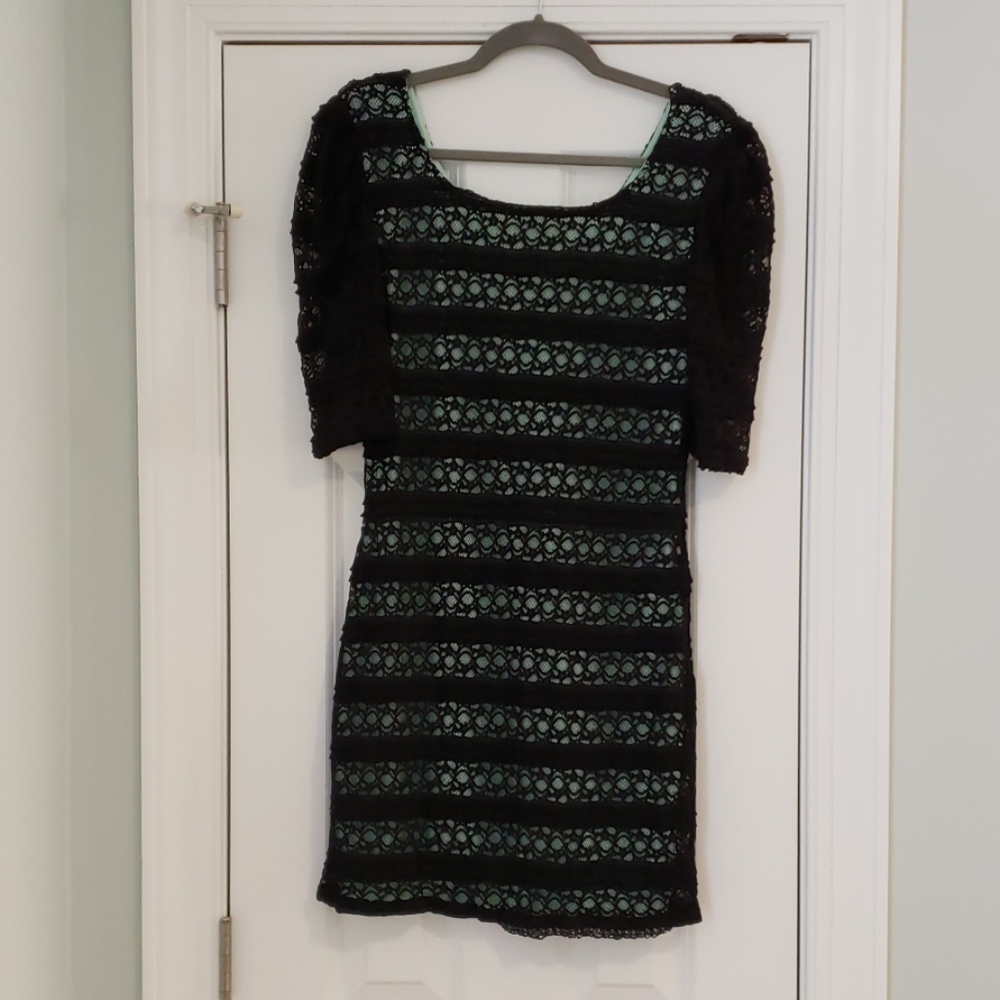 Black lace with aqua underlay dress